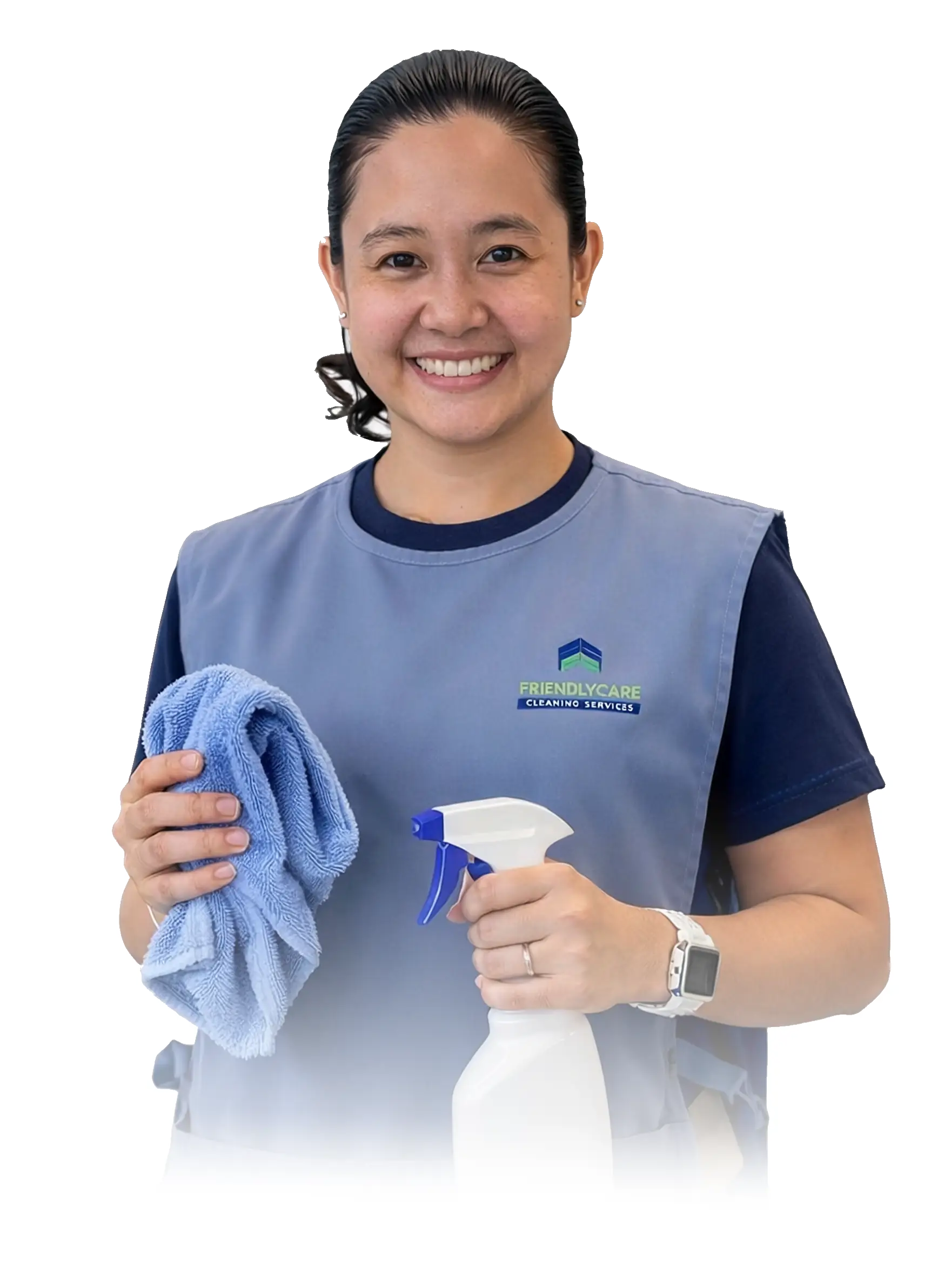 Professional cleaner holding cloth and spray bottle, representing reliable commercial cleaning services in Auckland