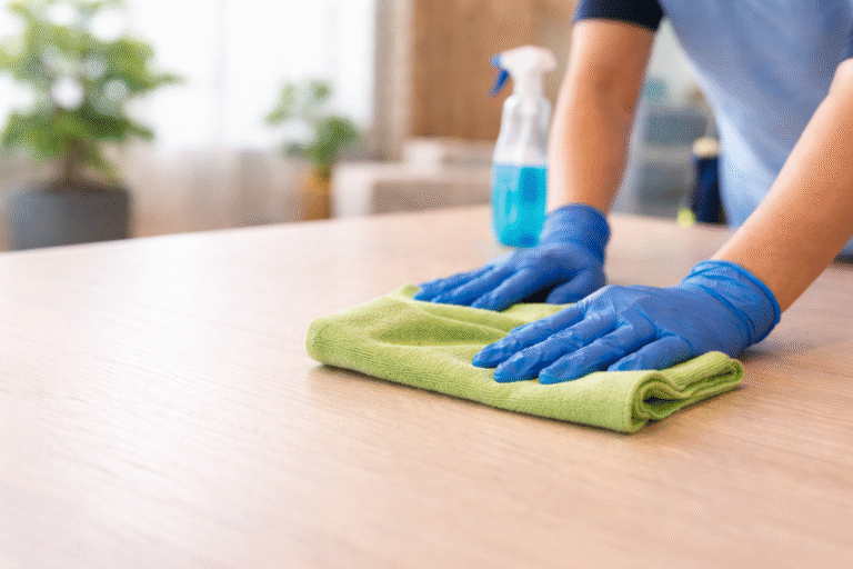 Cleaner wiping a desk with a microfiber cloth and disinfectant spray, maintaining a clean and hygienic office surface