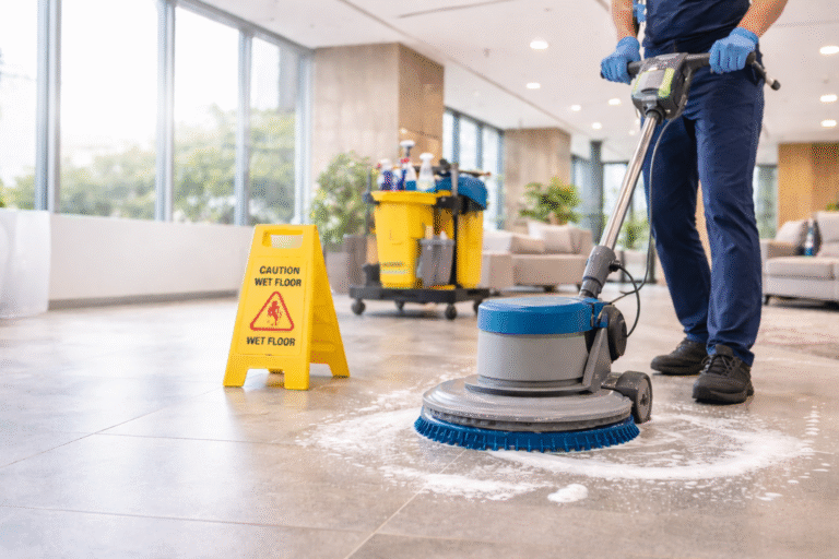 Professional cleaner using a floor scrubber machine with caution sign in a modern office, ensuring safe and thorough floor cleaning