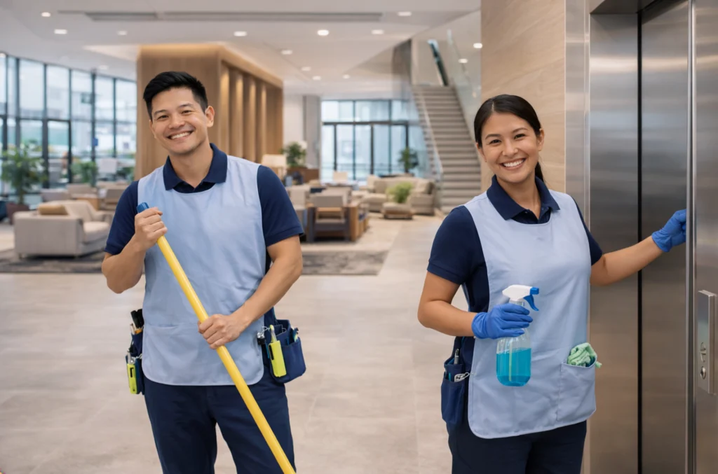 Friendly cleaning team in a modern office lobby holding cleaning tools and spray, representing professional and approachable service