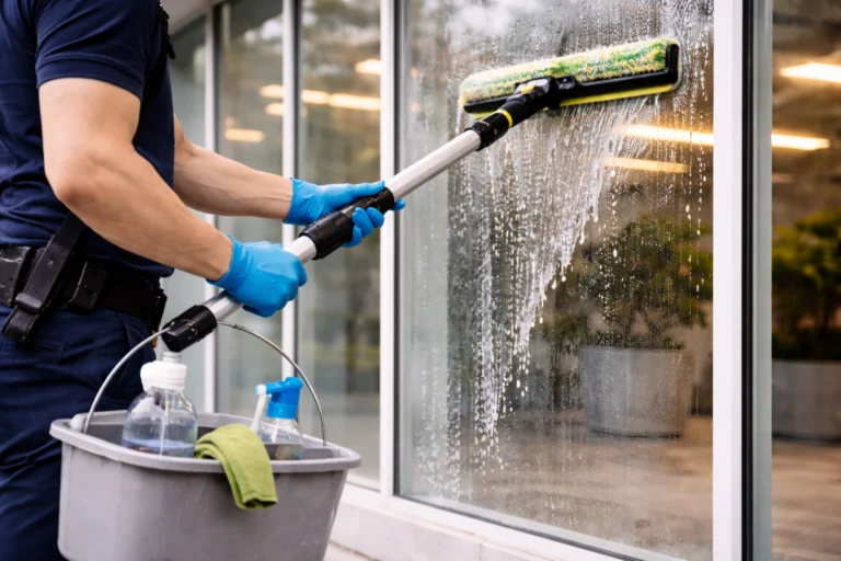 Professional cleaner using a squeegee to wash large glass windows, ensuring streak-free results for a commercial building