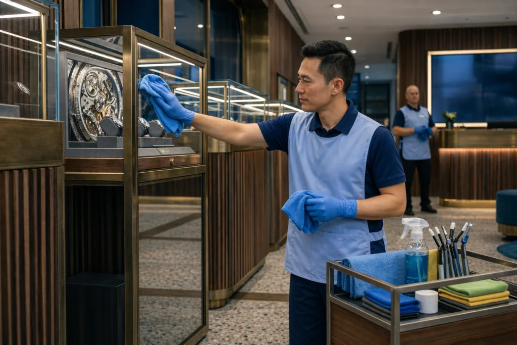 Professional cleaner polishing glass display case in a high-end commercial interior, ensuring a spotless and polished presentation