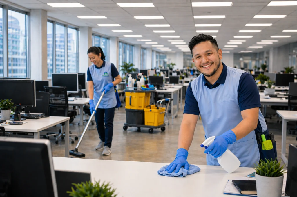 Professional cleaners disinfecting desks and vacuuming floors in a busy open-plan office, maintaining a clean and productive workspace