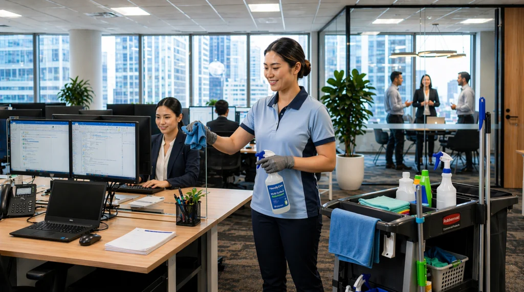 Professional cleaner disinfecting a workstation in a busy office while employees work, maintaining a hygienic and productive environment