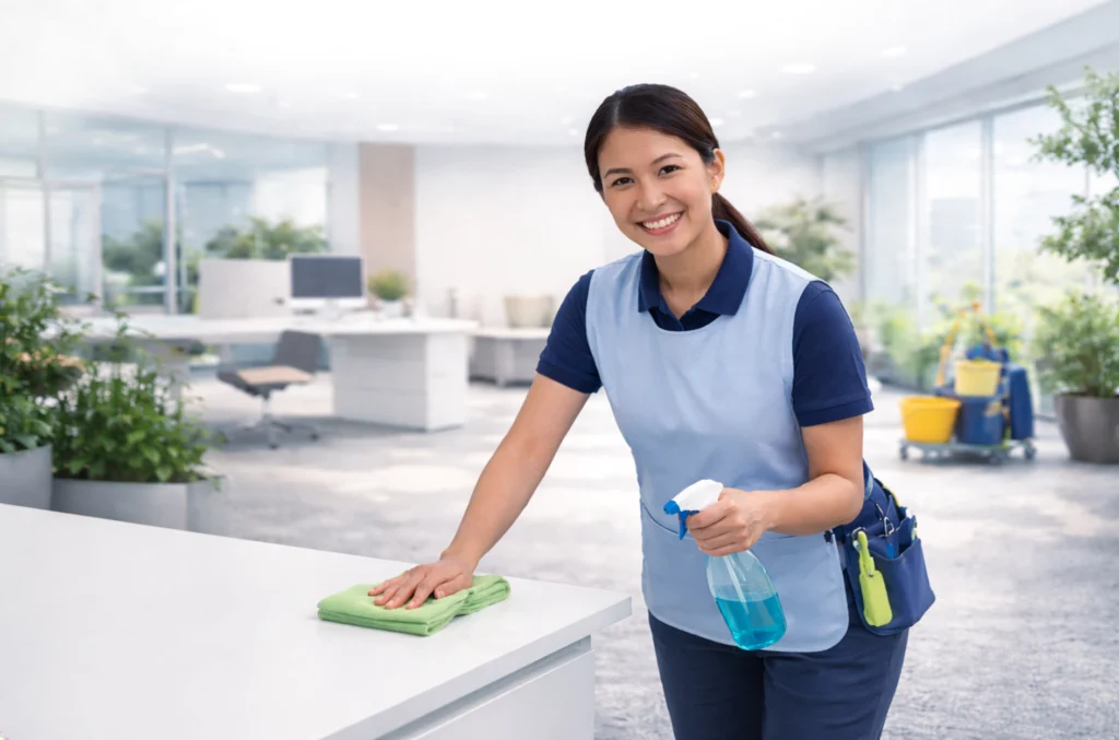 Professional cleaner smiling while wiping a desk with disinfectant spray in a modern office, ensuring a clean and welcoming workspace