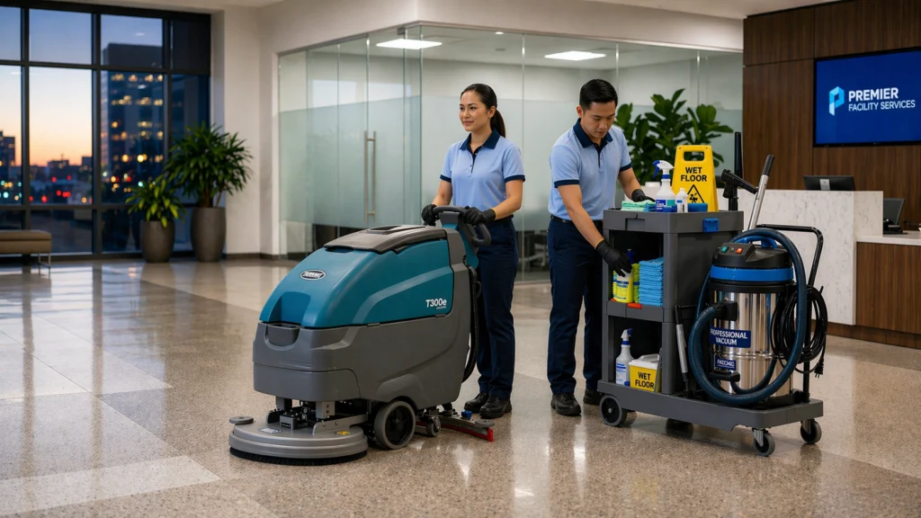 Professional cleaning team operating floor scrubber and preparing equipment in a modern commercial lobby