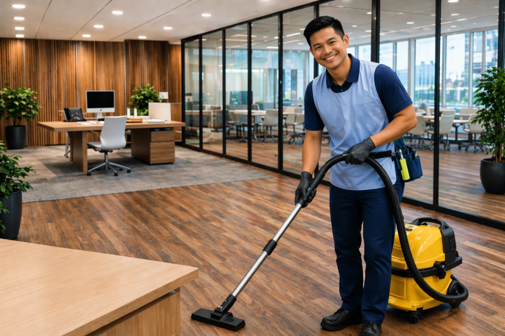 Professional cleaner vacuuming a modern office with wooden floors, ensuring a clean and well-maintained workspace