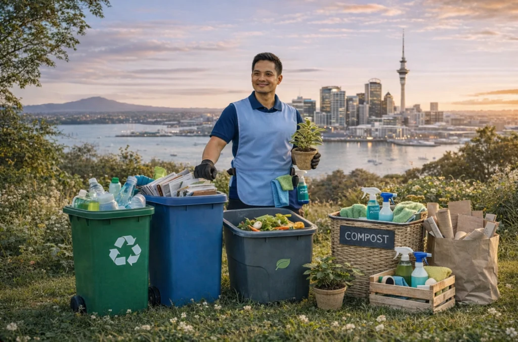 Cleaner sorting recycling and compost waste with Auckland skyline in the background, promoting sustainable commercial cleaning practices