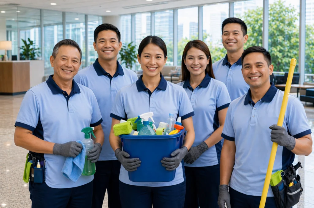 Professional commercial cleaning team holding supplies in a modern office, representing reliable and high-quality service