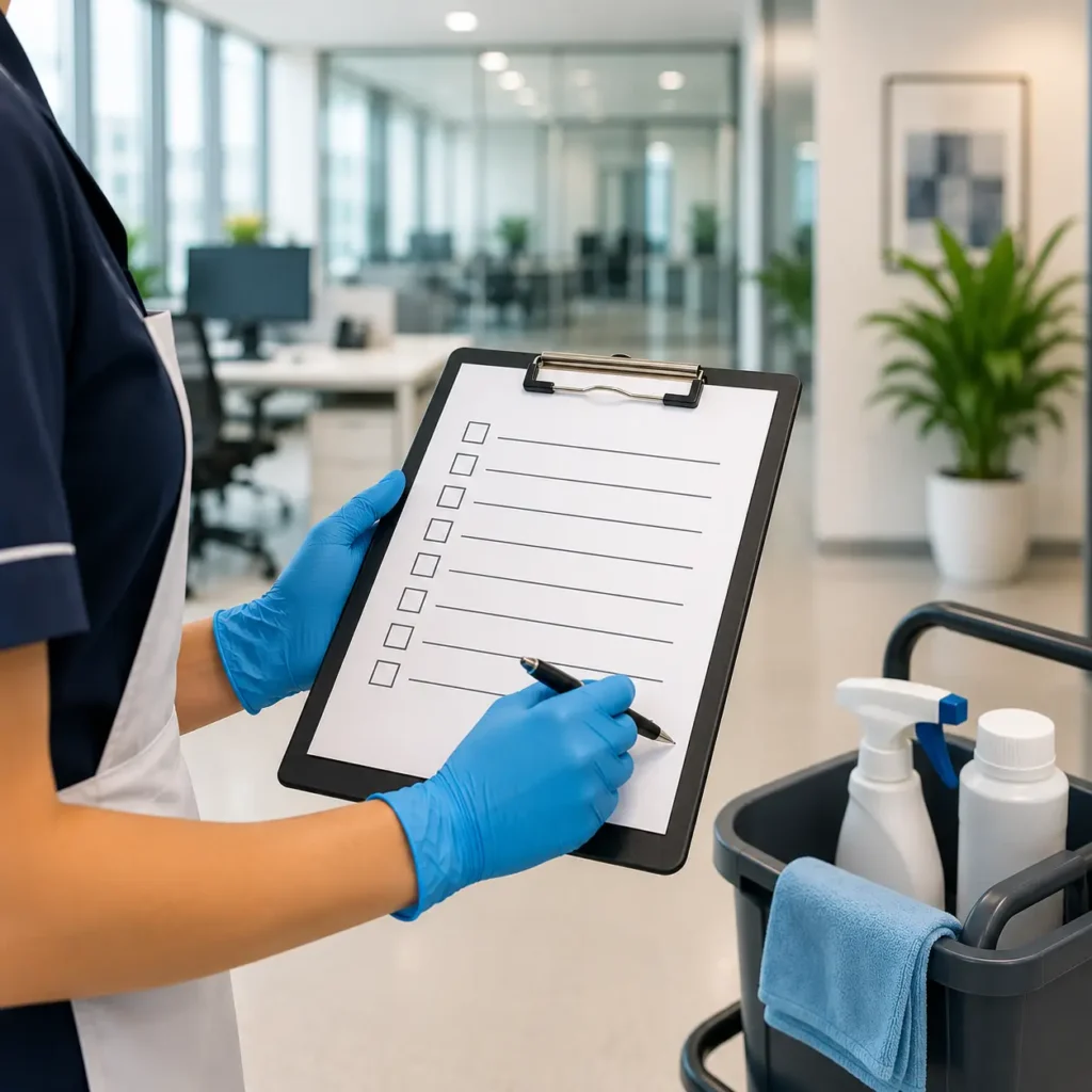 Professional commercial cleaner wearing blue gloves and holding a blank office cleaning checklist on a clipboard in a modern corporate office setting.