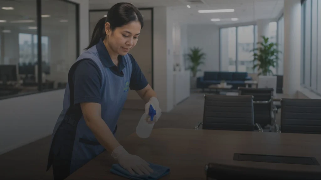 Professional cleaner disinfecting a modern office meeting room table with a microfibre cloth and disinfectant spray as part of commercial cleaning services in Auckland.
