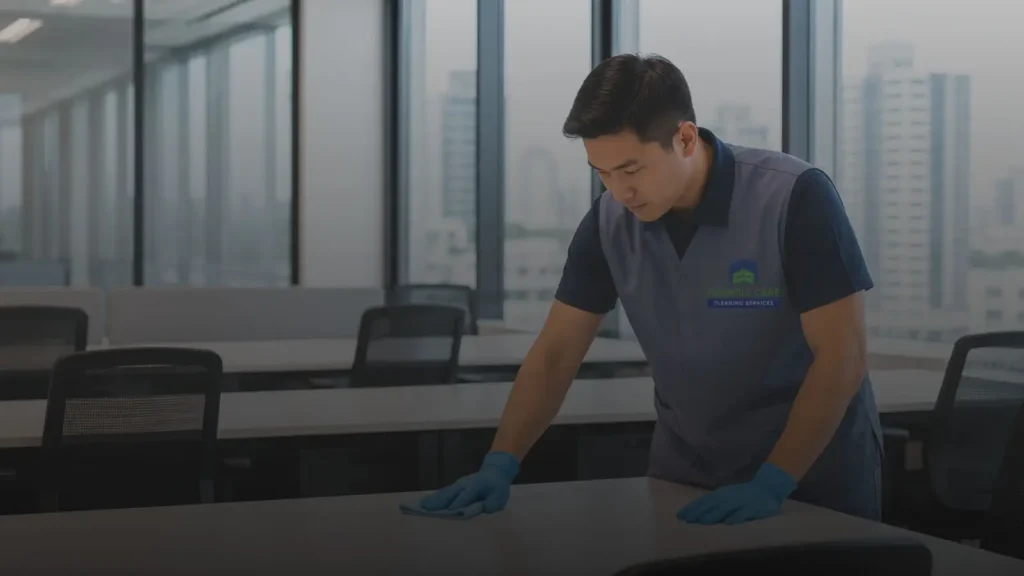 Friendly Care cleaner wiping a shared office desk in a modern Auckland workplace, wearing branded cleaning uniform and gloves.