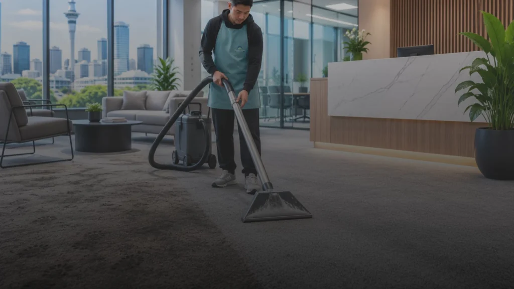 Professional commercial carpet cleaner using an industrial carpet extraction machine in a modern corporate office lobby, showing a visible transition between dirty and freshly cleaned carpet.