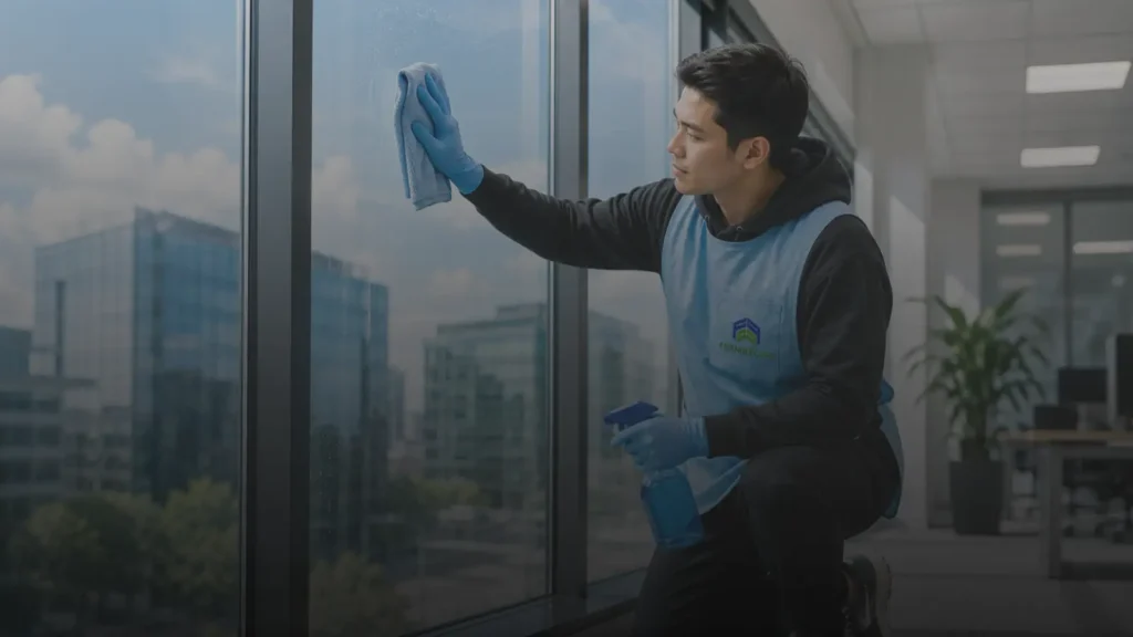 Male FriendlyCare cleaner wiping a large office window with a microfiber cloth while holding a spray bottle in a modern commercial office.
