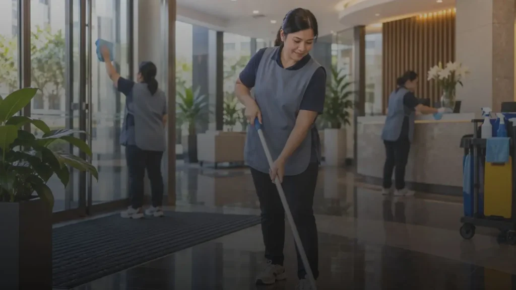 FriendlyCare professional cleaner maintaining a high-traffic commercial area in Auckland.